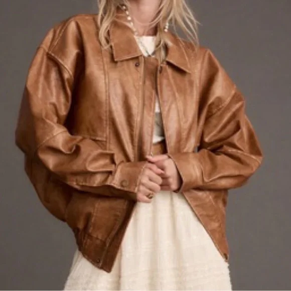 12th Tribe Cognac Faux Leather Bomber Jacket - Picture 1 of 3